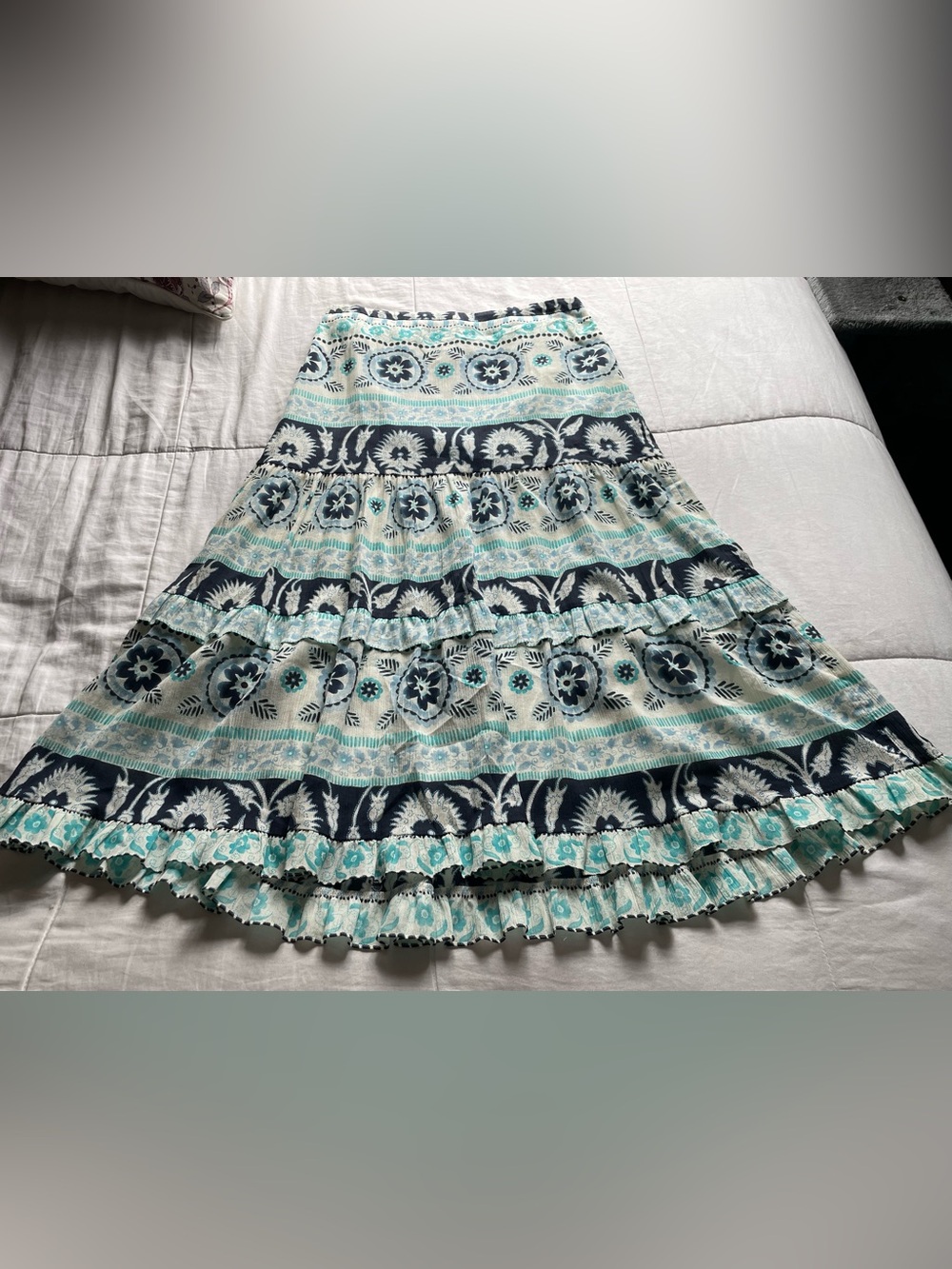 Loft Y2K Aqua Blue Floral Tiered Ruffle Maxi Skirt 6 Boho Cottagecore Ethereal